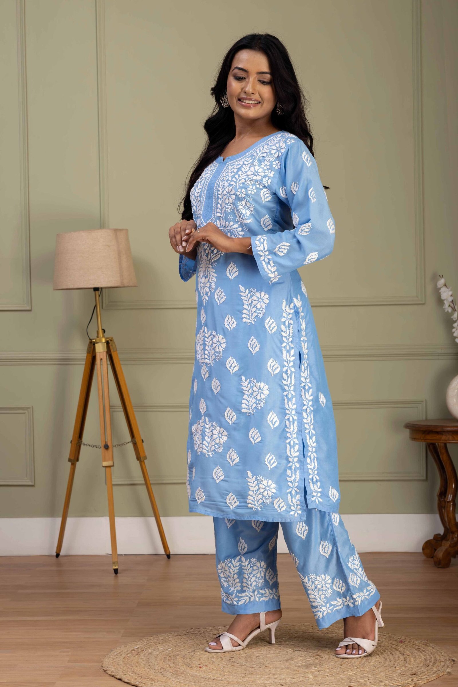 Sky blue Muslin Kurti set